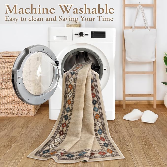 Lahome Modern Bordered Hallway Runner, 2.5x8 Rug Non-Slip Washable Kitchen Runner Rugs Non Skid Washable Ultra-Thin Soft Carpet for Hallways Bathroom Laundry Bedroom (2.5'x 8',Beige)