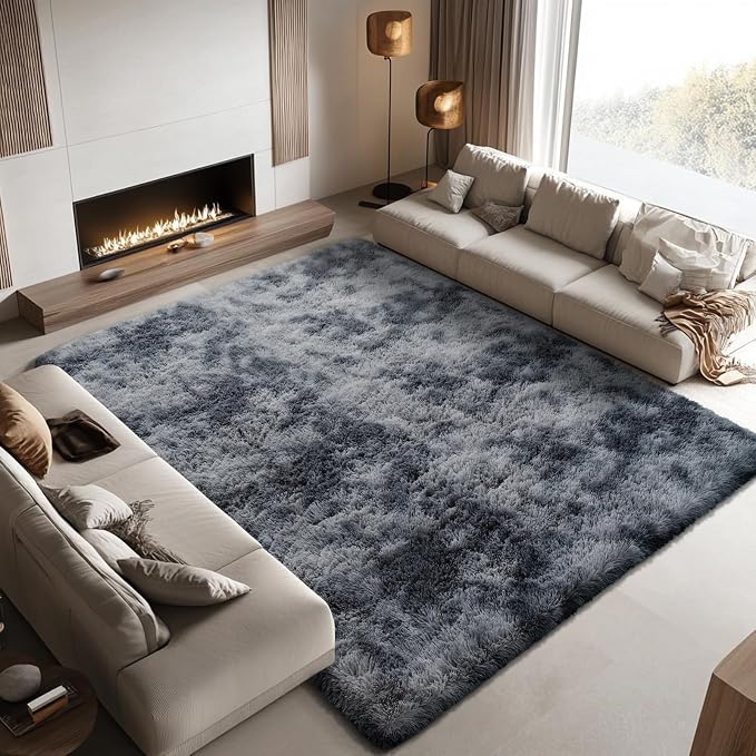Area Rugs 10x14 Living Room, Shaggy Carpet Soft Plush Furry Bedside Rug Large Area Rugs for Bedroom Home Decor Anti Slip(10 x 14, Dark Grey Tie-Dyed)