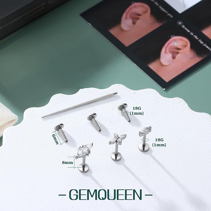 GEMQUEEN G23 Implant Grade Titanium 18G Internally Threaded Flat Back Earrings 5A CZ Studs: 14K Gold Hypoallergenic 3 Pcs Tragus Cartilage Conch Helix Piercing Jewelry for Sensitive Ears Women Men