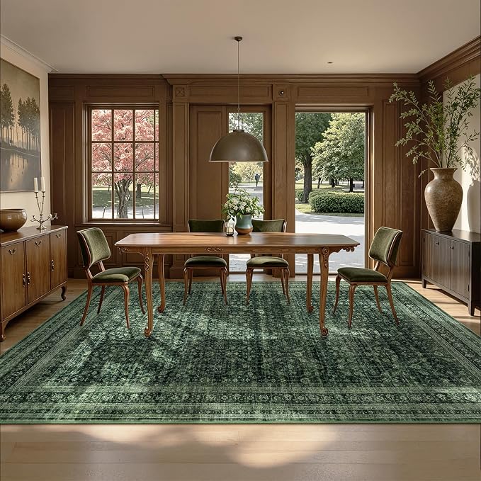 8x10 Area Rugs for Living Room Bedroom, Washable Large Rugs Non-Slip | Vintage Distressed Retro; Low Pile; Stain Resistant; Neutral Boho Carpet for Dining Room, Nursery, Home Office; Moss Green