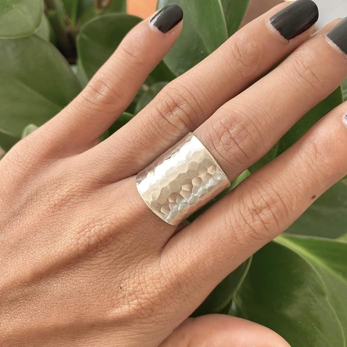 Hammered Sterling Silver Handmade Classic Wide Band Boho Statement Ring, Shiny Finish Wrap Band Adjustable to Sizes 6-12, Also as Thumb Ring, Gift for Her