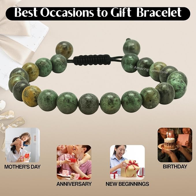 Amazing Gemstone African Turquoise Bracelet for Women Men's Gifts - Protection Healing Crystal Bracelet - 8mm Gemstone Beaded Adjustable Bracelet Pulseras para Hombres Mujer Stocking Stuffers