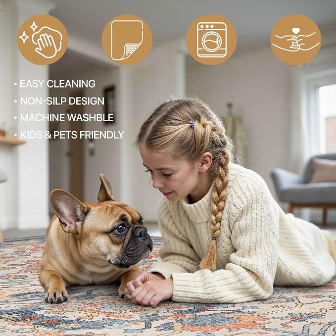 Area Rugs 8x10 Clearance Washable Boho Rug for Bedroom Living Room, Non Slip Thin Low Pile Chenille Carpet for Dining Room,Vintage Farmhouse, Teal/Multi