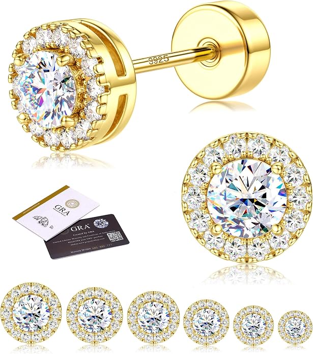 Moissanite Stud Earrings with Flat Back - 925 Sterling Silver D Color VVS1 Moissanite Earring for Women Men,14K White Gold Plated Brilliant Halo Stud Earrings Hypoallergenic Jewelry for Sensitive Ear