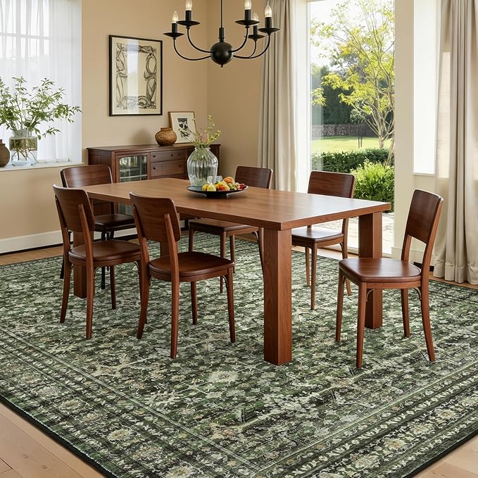 5x7 Washable Rugs, Area Rugs for Living Room, Bedroom, Kitchen, Vintage Boho Carpets, Soft Non-Slip Low Pile Large Area Rug for Dining Room Home Office Indoor Nursery, Olive Green