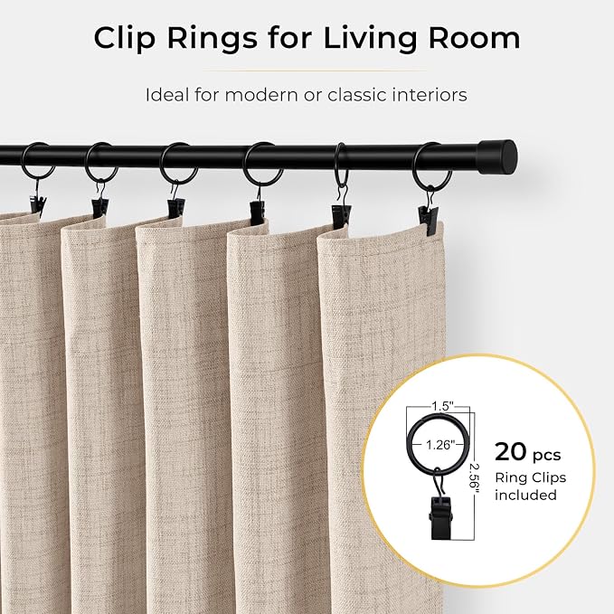 INOVADAY 100% Blackout Curtains for Bedroom, Oatmeal Black Out Curtains 63 Inch Long, Clip Rings Linen Blackout Drapes, Thermal Insulated Room Darkening for Living Room, 2 Panels - W50xL63