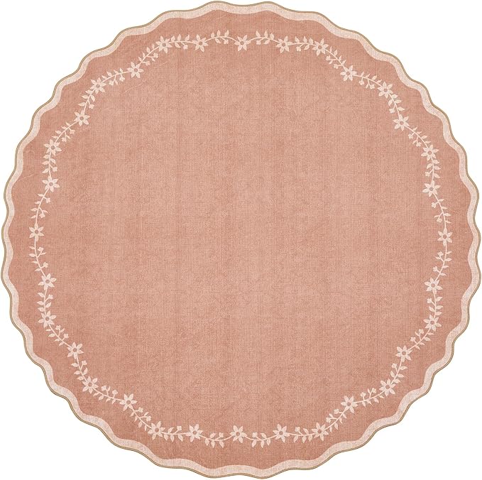 GarveeHome Round Rugs 4ft Scalloped Washable Small Circle Rug for Kids Room | Soft Pink Non Slip Floral Print Floor Mat Carpet Indoor Thin Tent Rug for Bedroom Dining Room Playroom Nursery Entryway
