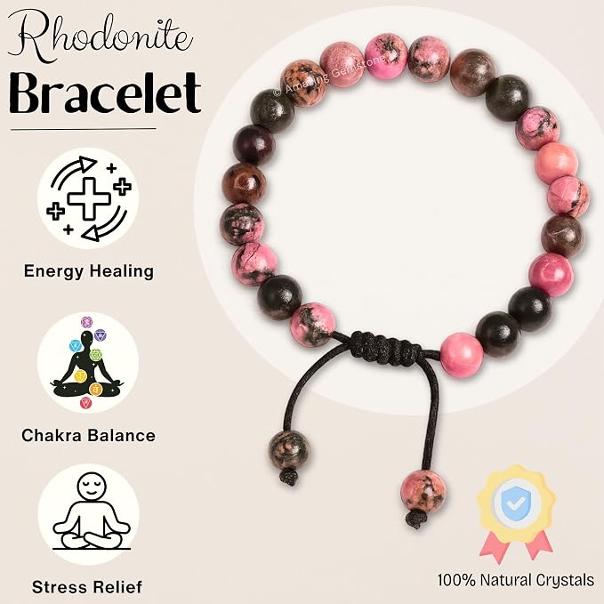 Amazing Gemstone Rhodonite Bracelet, Gifts for Men & Women - Protection Healing Crystal Bracelet - 8mm Gemstone Beaded Adjustable Bracelet, Pulseras para Hombres Mujer Stocking Stuffers
