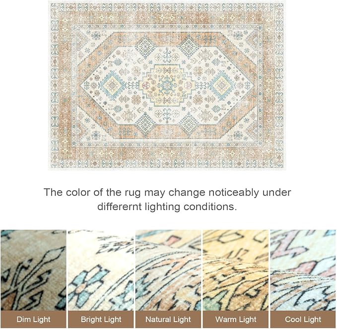 Lofus Vintage Living Room Rugs 5x7, Soft Machine Washable Area Rug for Bedroom Indoor Floor Home Office House Decor, Oriental Traditional Distressed Farmhouse Carpet, Boho Beige and Orange
