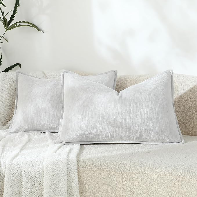 Stellhome Lumbar Chenille Throw Pillow Covers Set of 2 Super Soft Textured Decorative Pillow Covers Accent Solid Cushion Cover for Couch Sofa Bedroom Living Room 12x20 Inch, Light Grey