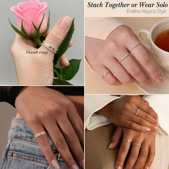 Purplepig Stackable Rings for Women Non Tarnish, Two Tone Mixed Metal Dainty Eternity Band Set, 14K Gold & Sterling Silver Plated Cubic Zirconia Hypoallergenic Wedding Thumb Pinky Rings Size 4-11