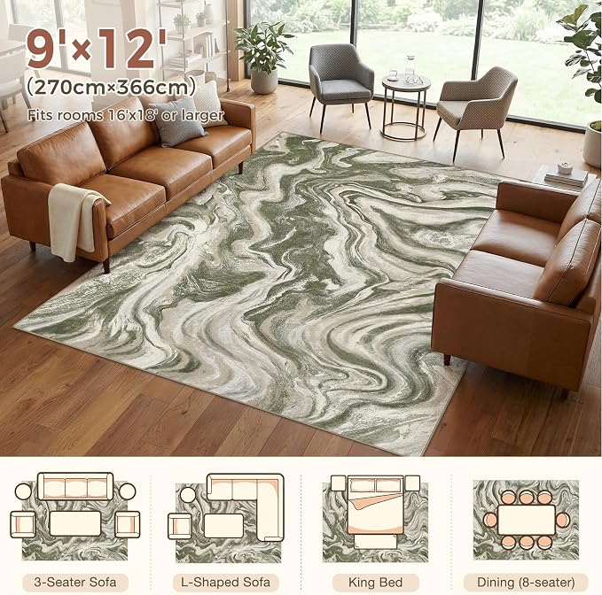 DMOYEST 9x12 Area Rug for Living Room:Washable Modern Neutral Abstract Rug with Low Pile Non Slip Soft Thin Large Indoor Carpet for Bedroom Dining Room Home Office Decor-Olive Green