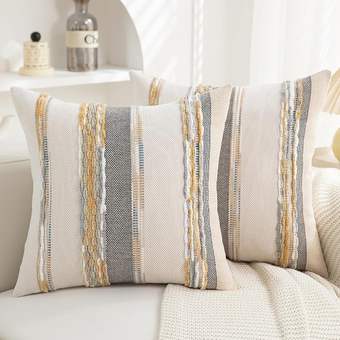 Boho Pillow Covers 18x18 Set of 2 for Couch-Modern Farmhouse Sofa Decorative Throw Pillow Covers Textured Chenille Cushion Covers Outdoor Netural Bohemian Pillow Cases Square