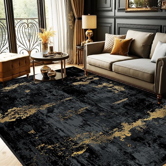 RELEANY Washable Area Rugs 5'x8' Non-Slip Modern Abstract Soft for Living Room Entryway Bedroom Kitchen, Print Pattern, Dark Black Gold