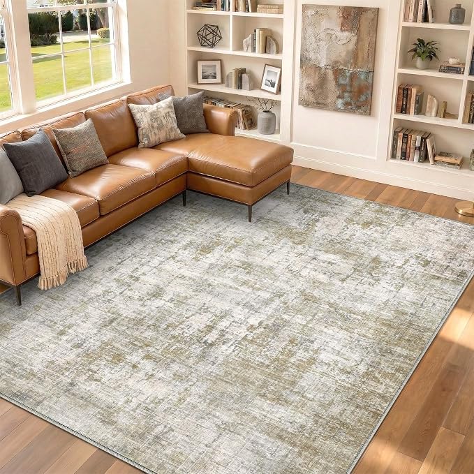 10x12 Area Rugs Washable Living Room Rug-No Slip Soft Carpets Modern Abstract Indoor Floor Stain Resistant Large Carpet for Bedroom Dining Room Farmhouse Nursery Home Office Tan