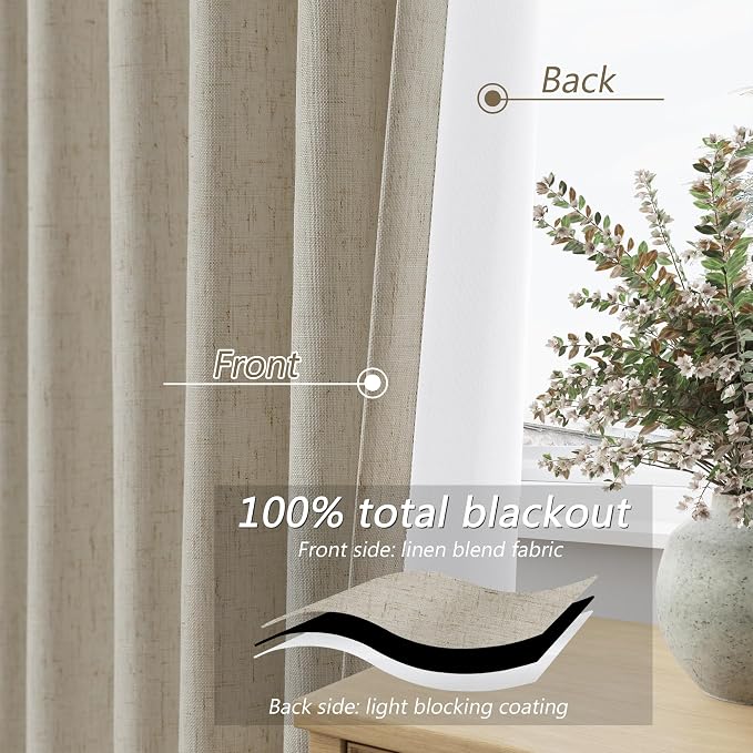 Guken Extra Long 100% Blackout Linen Curtains for Bedroom 102 inches Long, Thermal Insulated Room Darkening Black Out Window Drapes for Living Room, Back Tab Rod Pocket 2 Panels Set,Grey Flax,52x102