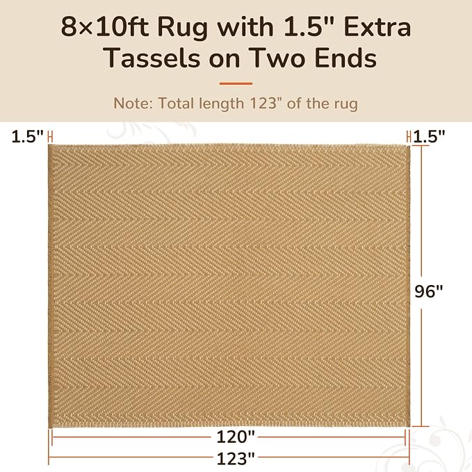 8x10 Washable Boho Area Rug with Tassels for Living Room Red Beige | Vacuum Friendly, Machine Washable, Non-Slip Rug, Modern Farmhouse Neutral Decor Carpet, Bedroom Dining Room Office Kitchen