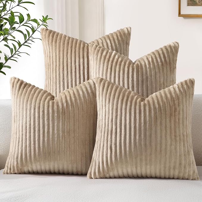 decorUhome Flannel Light Brown Throw Pillow Covers 18X18 Set of 4 | Decorative Fall Soft Fluffy Striped Double-Sided Couch Pillow Covers, Modern Farmhouse Pillow Cases for Sofa bed Home Decor