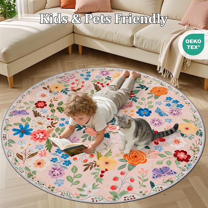Round Area Rug for Living Room: 4 ft Floral Washable Circle Rug Soft Boho Non-Slip Carpet Indoor Stain Resistant Low Pile Small Circular Rug for Bedroom Entryway Kitchen Nursery Home Office Beige