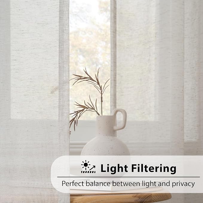 FMFUNCTEX Grey Flax Linen Sheer Curtains 63 Inch Long Rod Pocket 2 Panels | Semi Sheer Window Drapes Grey for Bedroom and Living Room, Farmhouse French Window Curtain Privacy