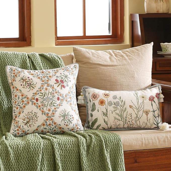 ISAENNE Vintage Elegant Linen Throw Pillow Cover,18"x18"-Serenity A | Designer French Square Pillow Cover,Concealed Zipper Design,Floral Pattern,Sofa,Bedroom,Living Room,Lounge Chairs