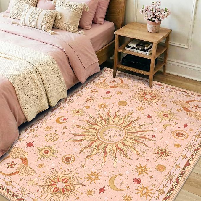 Vacuum-Friendly, 4x6 Washable Area Rug, Pink Gold Beige Red | Sun and Moon Boho Gothic Non-Slip Low Pile Living Roon Bedroom Dining Room Kitchen Entry Entryway Entrance Hallway Doormat