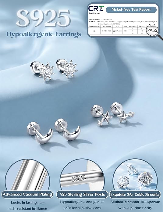 ORAZIO 925 Sterling Silver Flat Back Stud Earrings for Women Hypoallergenic 14K Gold Plated Cartilage Earrings for Sensitive Ears Small CZ Opal Conch Helix Tragus Piercing Jewelry 3 Pairs 20G