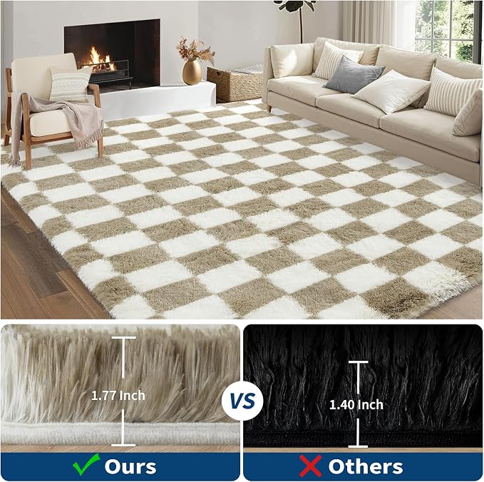 Garvee Checkered Rug 4x6 Super Soft Shaggy Rugs Fluffy Carpets Fluffy Fuzzy Rug for Living Room Bedroom,Checkered Fluffy Rugs for Girls Kids Room, Shag Plush Carpet for Teen Room Decor, Taupe-White