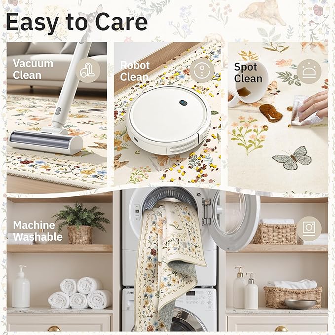 Soalmost Dog 5x7 Area Rugs for Living Room, Washable Animal Soft Rug Beige | Floral Vintage Non-Slip Low Pile Cute Throw Rugs for Kitchen Dining Room Bedroom Nursery Playroom 5' x 7'