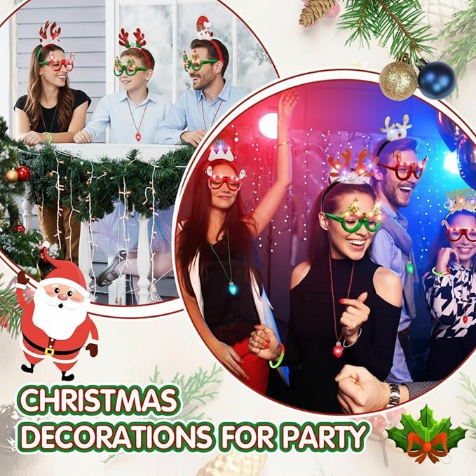 Hiboom 40 Pcs Light Up Christmas Headband Necklace Christmas Glasses Frame Fluorescent Wristbands Glowing in Dark Xmas Party Favor Set Glow Accessories for Holiday Party Favors Supplies