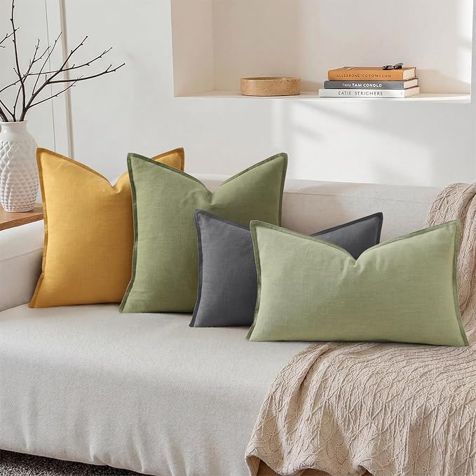 decorUhome Fall Dark Grey Linen Throw Pillow Covers 12x20 Set of 2 | Decorative Soft Cozy Modern Farmhouse Boho Accent Pillow Cases with Flange Edges for Couch Bed Sofa Living Room Home Decor