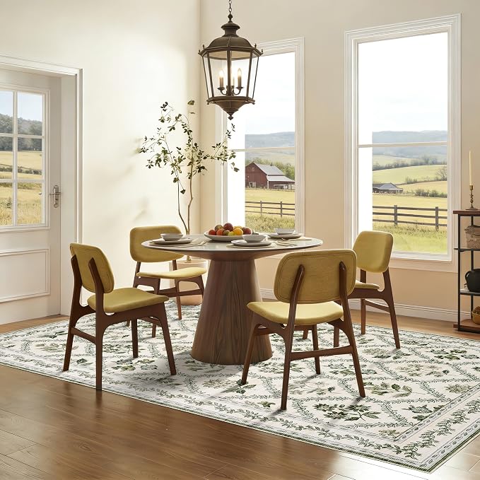 Olive Green Area Rug for Living Room 5x7 Decor Floral Area Rugs for Bedroom Dining Room Machine Washable Boho Vintage Farmhouse Floral Carpet, Hunter Green and Beige Cream
