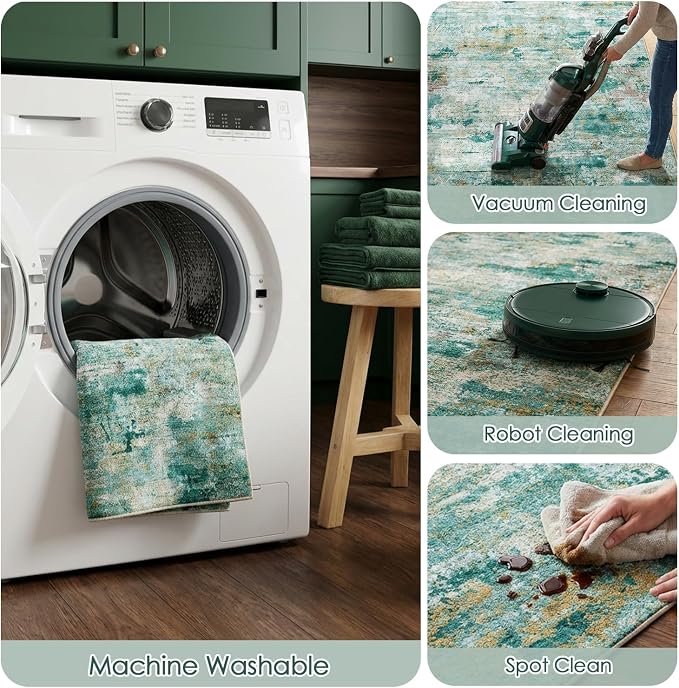 Extra Large Abstract Area Rug, 0.26" Low-Pile Washable Carpet for Living Room, Bedroom, Dining Room | Pet Friendly, Stain-Resistant & Non-Slip, 9'x12', Sage Green