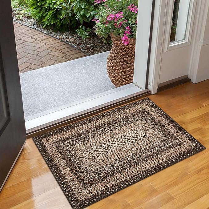 RUGSREAL 2x3 Entry Rug Small Bedroom Area Rug Braided Printed Mat for Living Room Farmhouse Kitchen Mat Indoor Non Slip Rustic Throw Carpet Machine Washable Rug for Sink Under Table, Brown