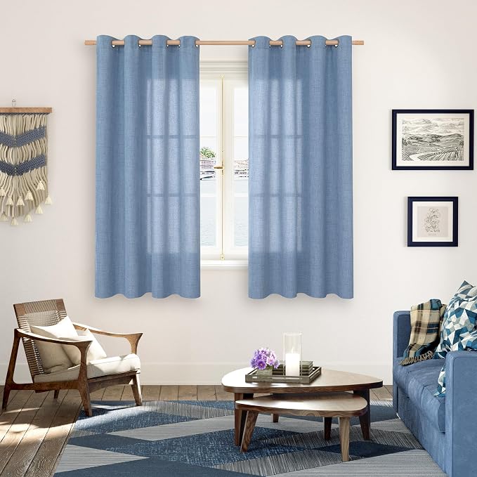 YoungsTex Blue Linen Curtains 68 Inch Length 2 Panels with Grommet | Light Filtering Drapes Semi Sheer Textured Privacy for Bedroom Living Room Window, 52 x 68 Inch
