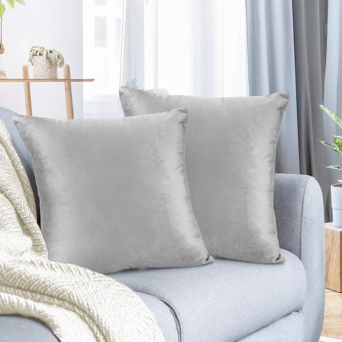 Nestl Throw Pillow Covers, Cozy Velvet Decorative Pillow Cases 24 x 24 Inches, Soft Solid Couch Pillow Covers for Sofa, Bed and Car, Set of 2 - Light Gray