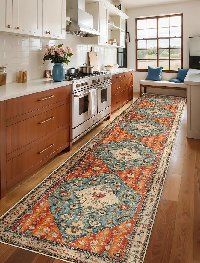 SERISSA Runner Rug for Hallways, 3x14 Washable Non Slip Kitchen Runner Rug, Extra Long Boho Rug Ultra Soft Vintage Tribal Print Floor Carpet for Bedroom Hallway Entryway Bathroom Laundry Room
