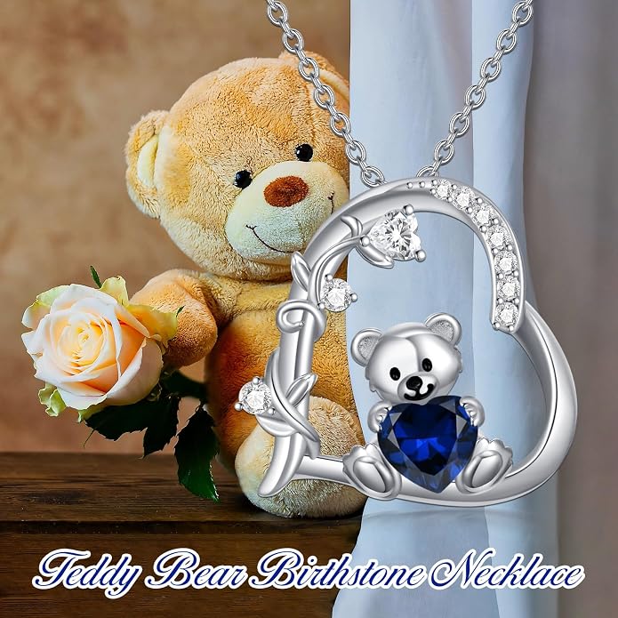 PELOVNY Teddy Bear Necklace for Women 925 Sterling Silver Bear/Highland Cow/Fox/Cat/Axolotl Birthstone Necklace Christmas Birthday Jewelry Gifts for Mom Daughter Wife Sister
