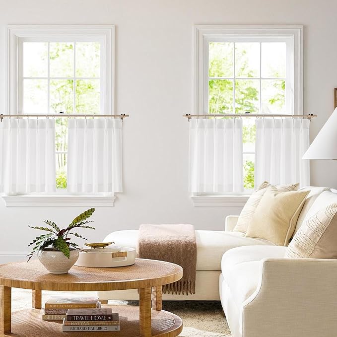 Vision Home White Pinch Pleated Tier Curtains 36 inch, Semi Sheer Kitchen Curtains with Back Tab & Hooks, Light Filtering Small Window Panels for Bathroom Laundry, 25" Wx36 Lx2