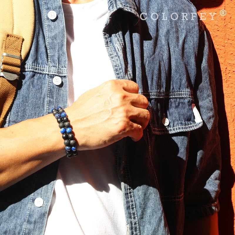 Mens Crystal Bracelets Healing Bracelet Authentic Mens Bead Bracelet Real Lapis Lazuli Lava Onyx Stone Bracelets for Men, Handmade Stainless Steel Adjustable Chain Men Jewelry for Him