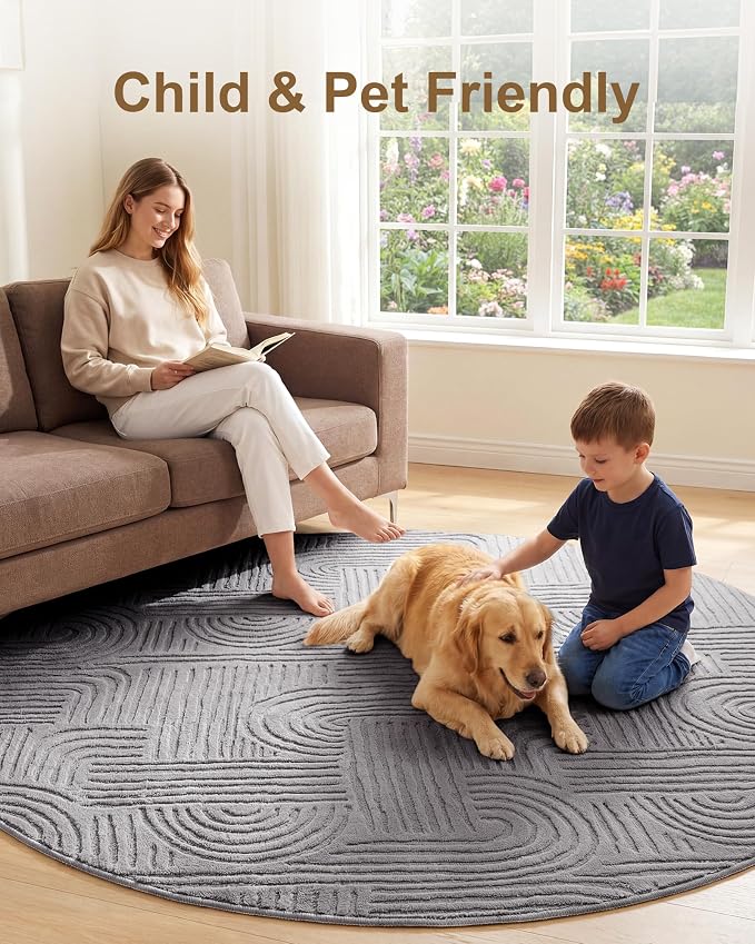 Carvapet 5.2' Round Rug Grey Washable High Low Pile Area Rug Soft Plush Carpet for Living Room Bedroom Non Slip Indoor Floor Rug for Home Kids Nursery Decor