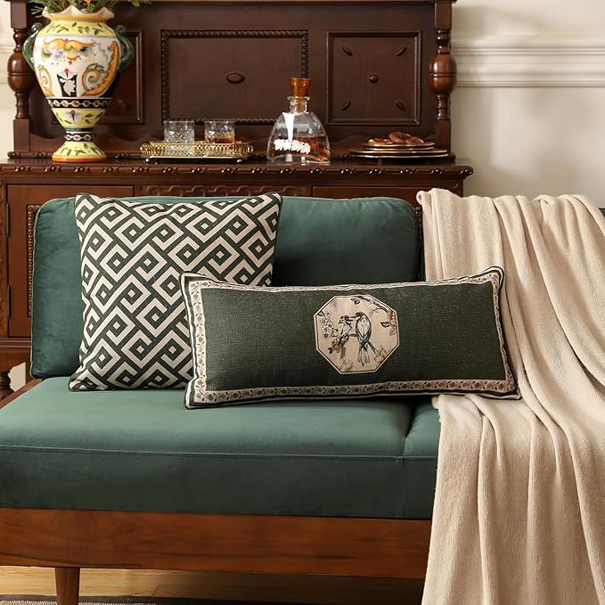 ISAENNE Vintage Elegant Linen Rectangle Throw Pillow Cover,28"x12"-Murad E | Designer French Green Pillow Cover,Concealed Zipper Design,Floral and Bird Pattern,Sofa,Bedroom,Living Room,Lounge Chairs