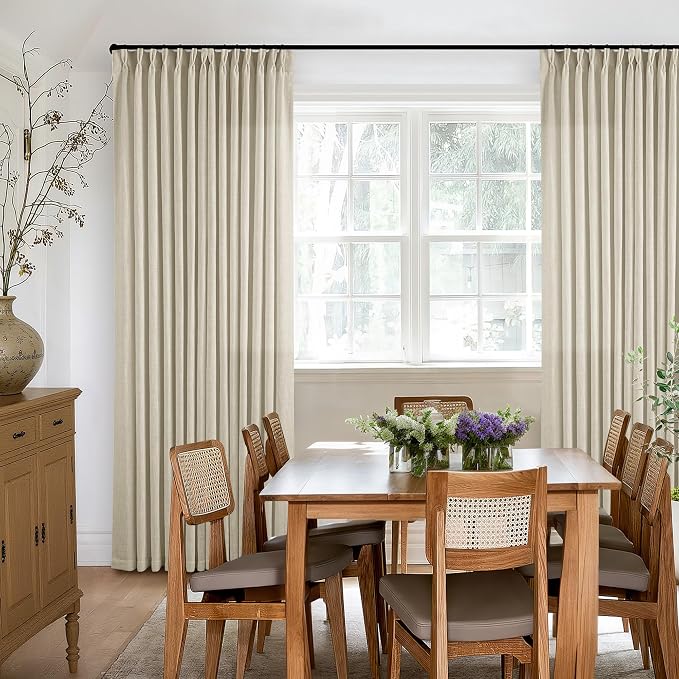Beige 100 Inch Pleated Linen Curtains 2 Panels for Living Room Bedroom Memory Training Shaped Semi Sheer Neutral Light Tan Flax Burlap Pinch Pleat Drapes Hooks Rings Light Filtering Window Curtain
