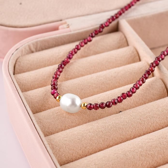 InfinityGemsArt Gemstone Gold Necklace For Women, Birthstone Natural Crystal Stone With Freshwater Pearl Beaded Jewelry, Gold Plated 18 Inch Chain