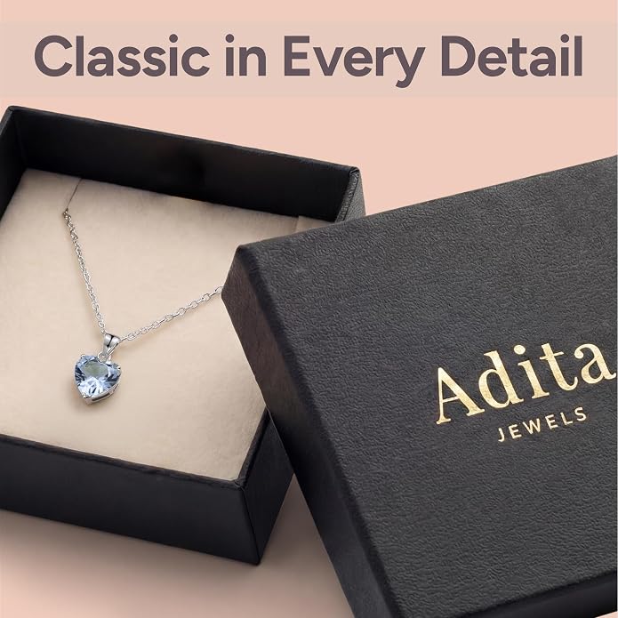 ADITA GOLD Bithstone Heart Necklace for Women with 925 Sterling Silver Chain, Simulated Birthstone Pendant, Jewelry