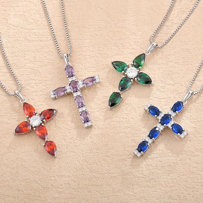 Cross Necklace for Women 925 Sterling Silver Teardrop Birthstone Pendant Religious Jewelry Gifts for Women