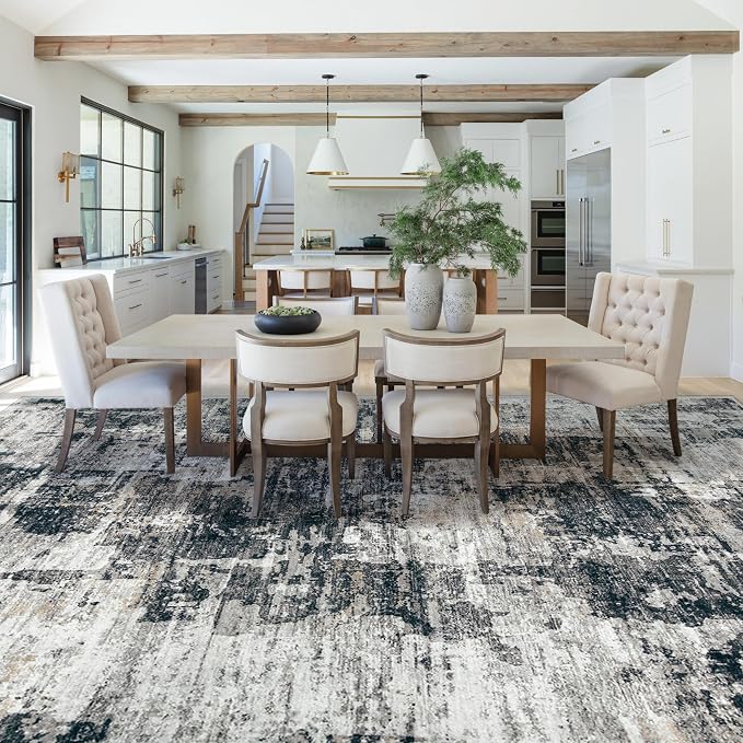 XLUEZ 9x12 Area Rug for Living Room, Washable Modern Abstract Large Area Rug Neutral Soft Non Slip Kids Rug Stain Resistant Indoor Carpet for Bedroom Dining Room Playroom Office(BlackGrey, 9'x12')