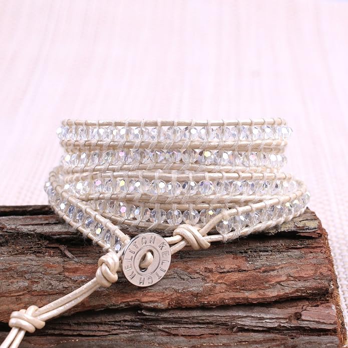 KELITCH Pearl Crystal Beads Bracelets Handmade Natural Leather 5 Wrap Bracelet for Women Classic Bangle Jewelry