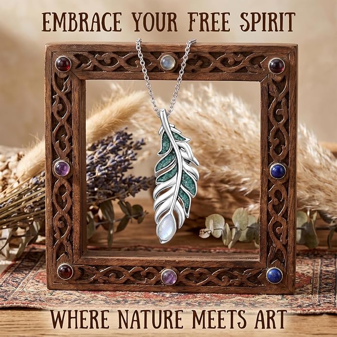 Feather Necklace White Gold Boho Jewelry Nature Inspired Statement Birthstone Pendant Gifts for Women