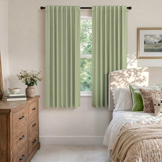 Pitalk Light Sage Green Black Out Curtains 63 Inch Long 2 Panel Set Back Tab Pleated Linen Textured Cute Blackout Curtains for Girls Bedroom Nursery Living Room Darkening Thermal Window Drapes Vintage